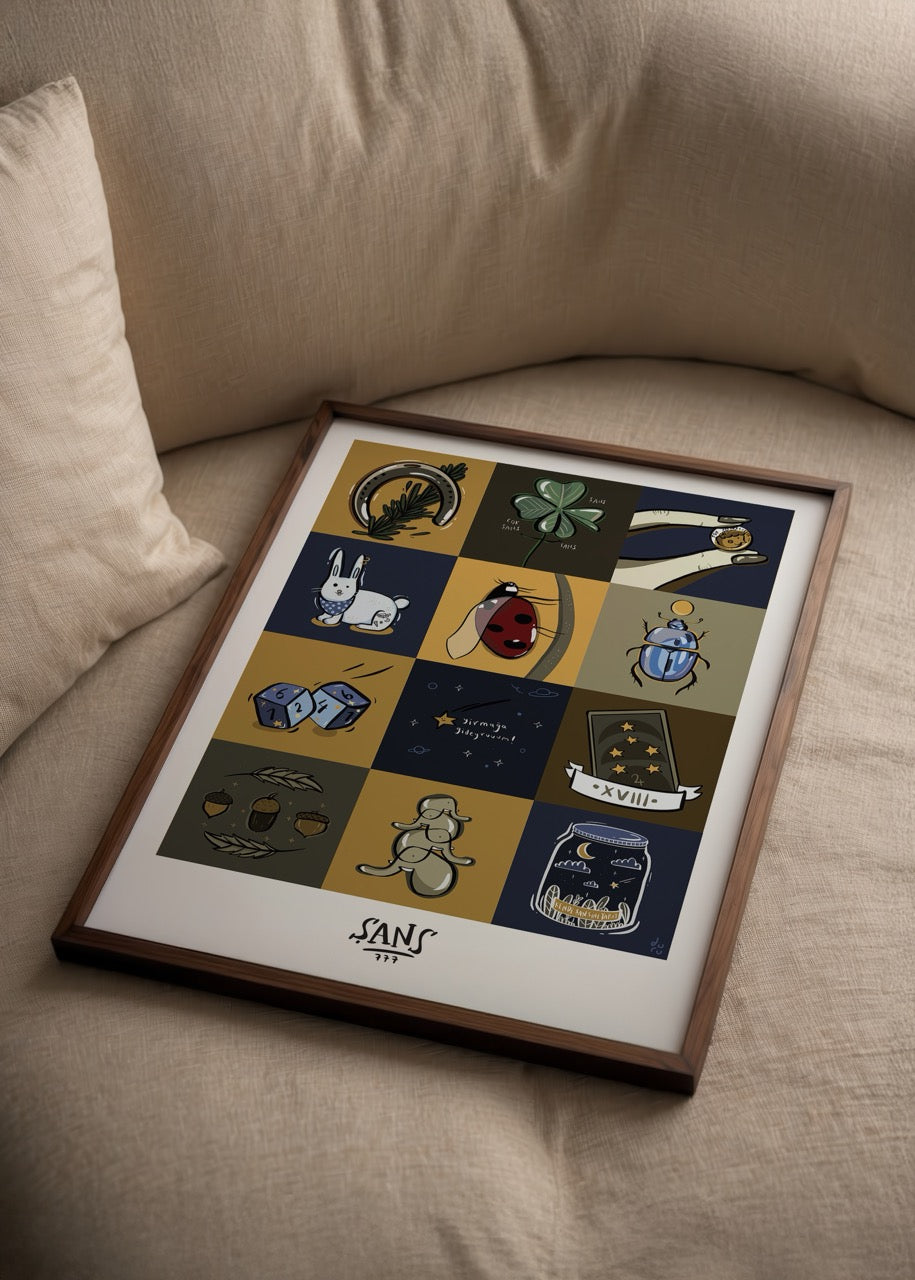 Farklı şans sembollerinin kareler halinde yer aldığı, “Çok Şansa İhtiyacım Var” yazılı modern ve eğlenceli illüstrasyon posteri.