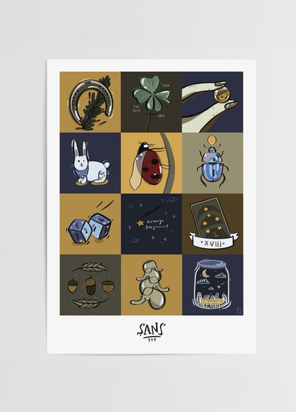 Farklı şans sembollerinin kareler halinde yer aldığı, “Çok Şansa İhtiyacım Var” yazılı modern ve eğlenceli illüstrasyon posteri.