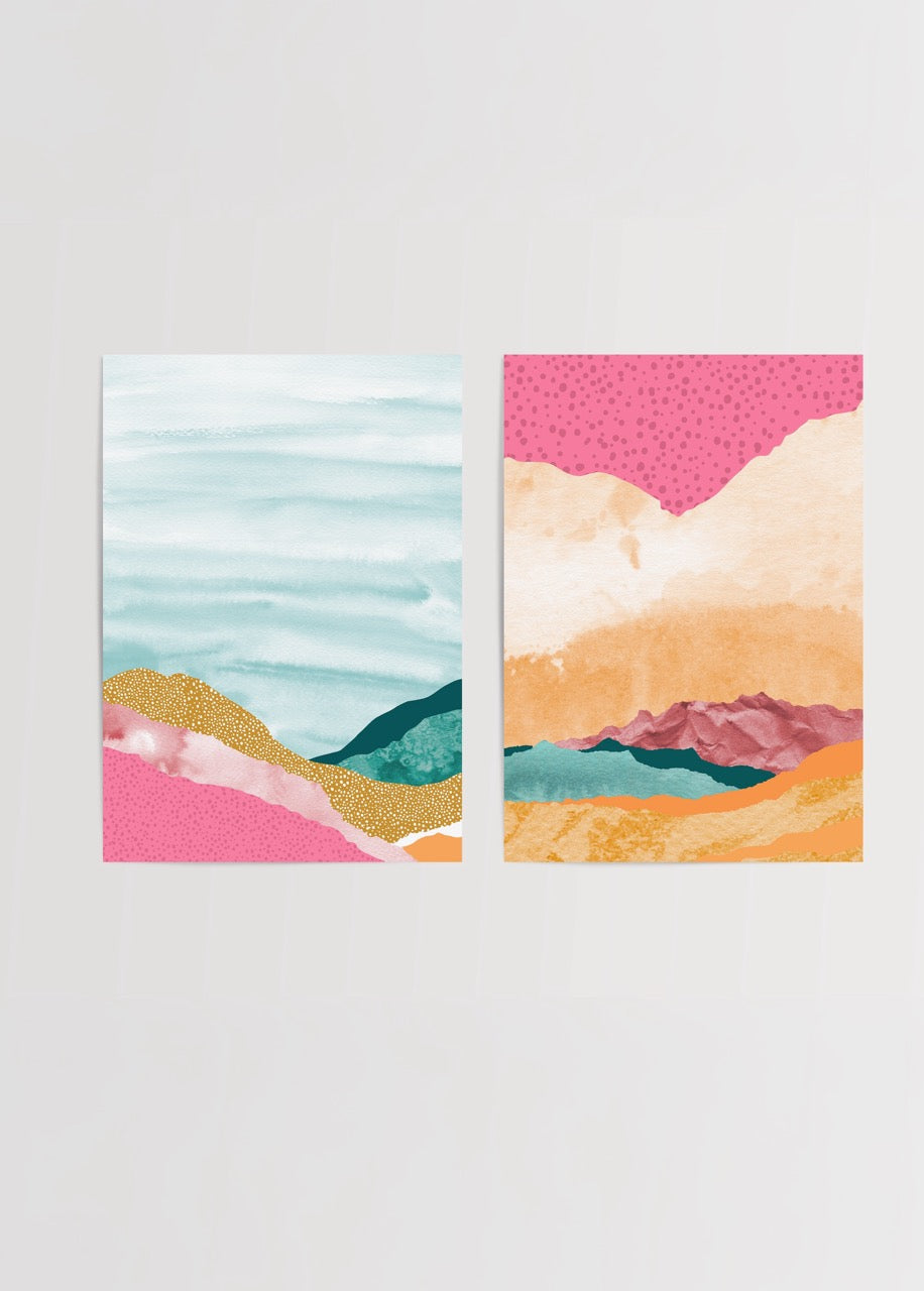 Colorful Abstract Mountainscape ikili poster seti – renkli soyut dağ manzarası duvar dekoru