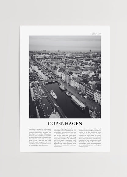 Kopenhag Nyhavn bölgesine yukarıdan bakış içeren siyah beyaz şehir posteri