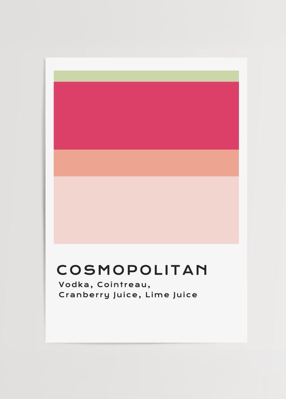 Cosmopolitan kokteylinden ilham alan pembe ve kırmızı tonlarda minimalist içki posteri