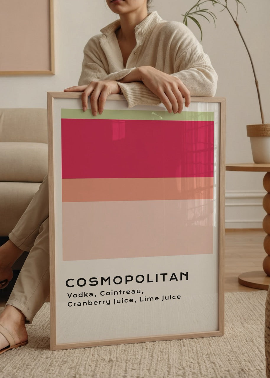 Cosmopolitan kokteylinden ilham alan pembe ve kırmızı tonlarda minimalist içki posteri