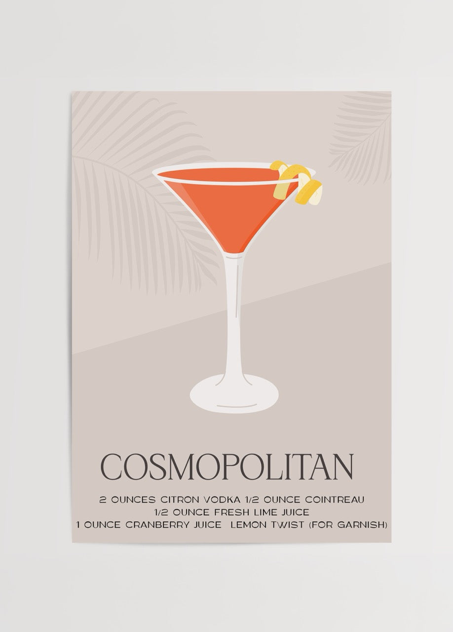 Cosmopolitan kokteyl tarifinin yer aldığı sade ve modern illüstrasyon poster.