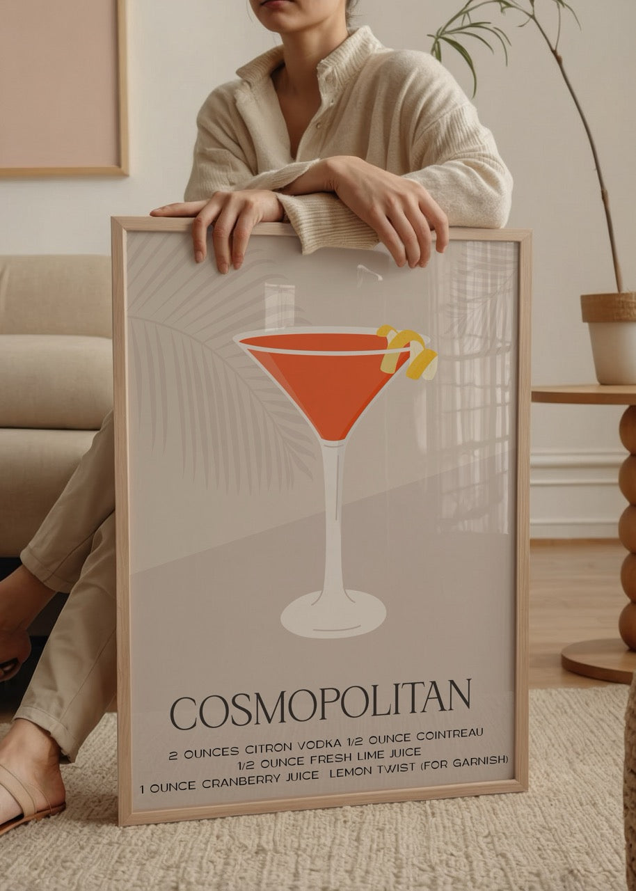 Cosmopolitan kokteyl tarifinin yer aldığı sade ve modern illüstrasyon poster.
