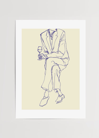 Yaren Ünlü Wine &amp; Lines koleksiyonundan minimalist tek çizgiyle çizilmiş, şarap kadehi tutan ve bacak bacak üstüne atmış figür posteri.