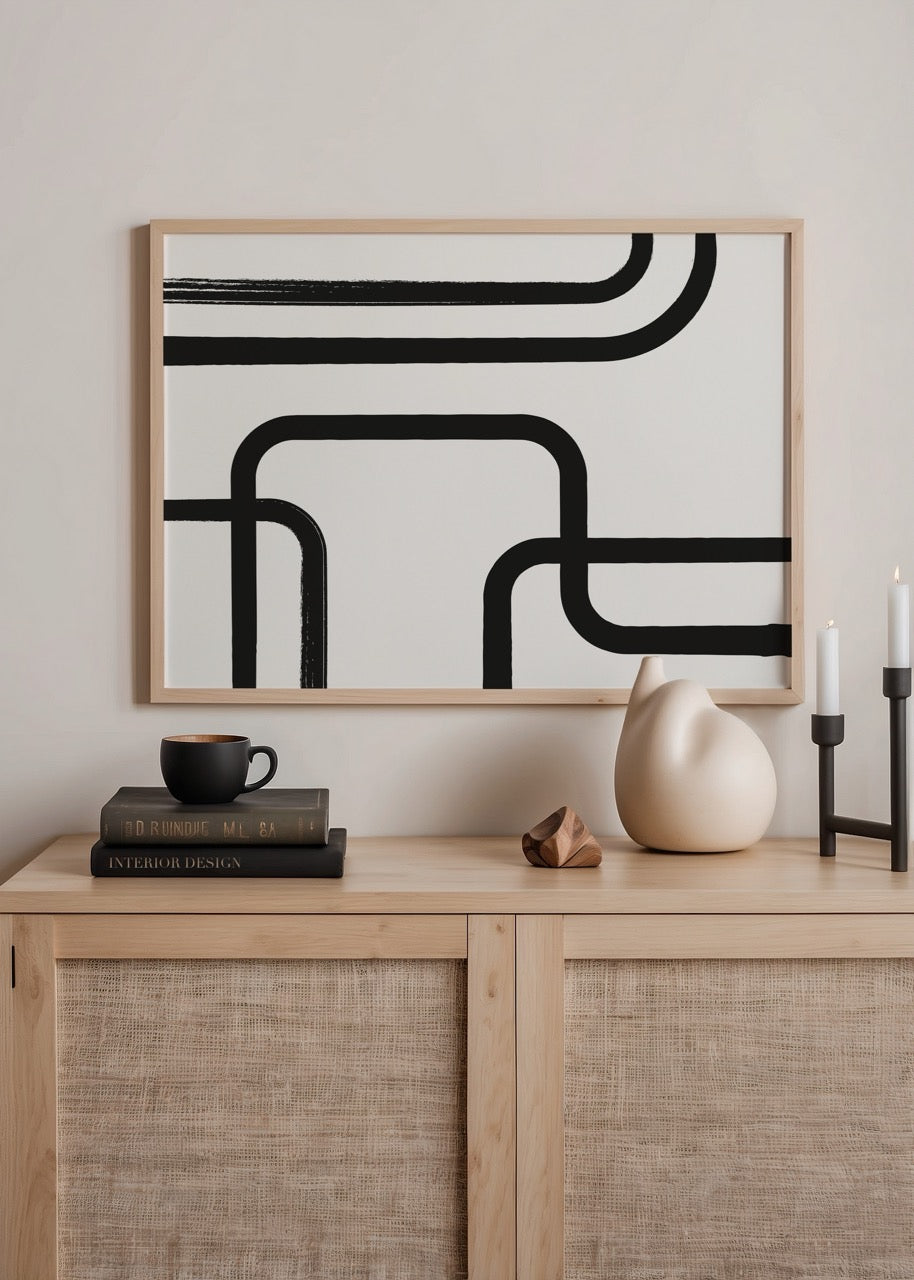 Minimalist siyah beyaz kıvrımlı çizgilerden oluşan modern poster tasarımı