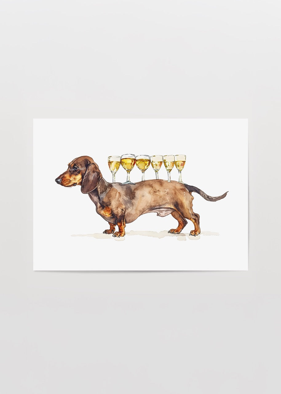 Dachshund köpek ve altı şarap kadehinden oluşan bu eğlenceli poster, evinize karakter ve mizah katan özgün bir duvar dekorudur.