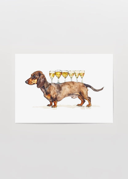 Dachshund köpek ve altı şarap kadehinden oluşan bu eğlenceli poster, evinize karakter ve mizah katan özgün bir duvar dekorudur.