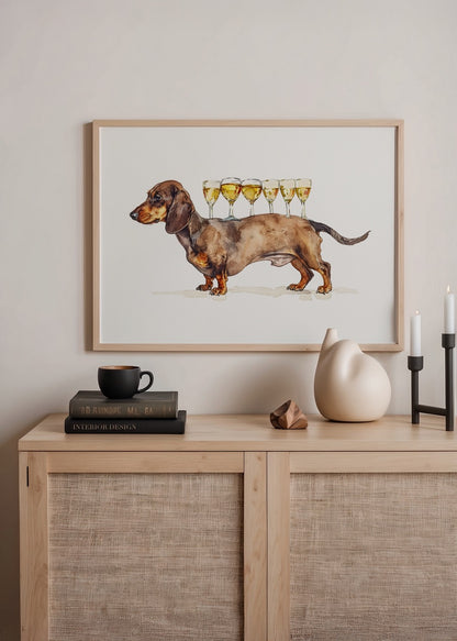 Dachshund köpek ve altı şarap kadehinden oluşan bu eğlenceli poster, evinize karakter ve mizah katan özgün bir duvar dekorudur.