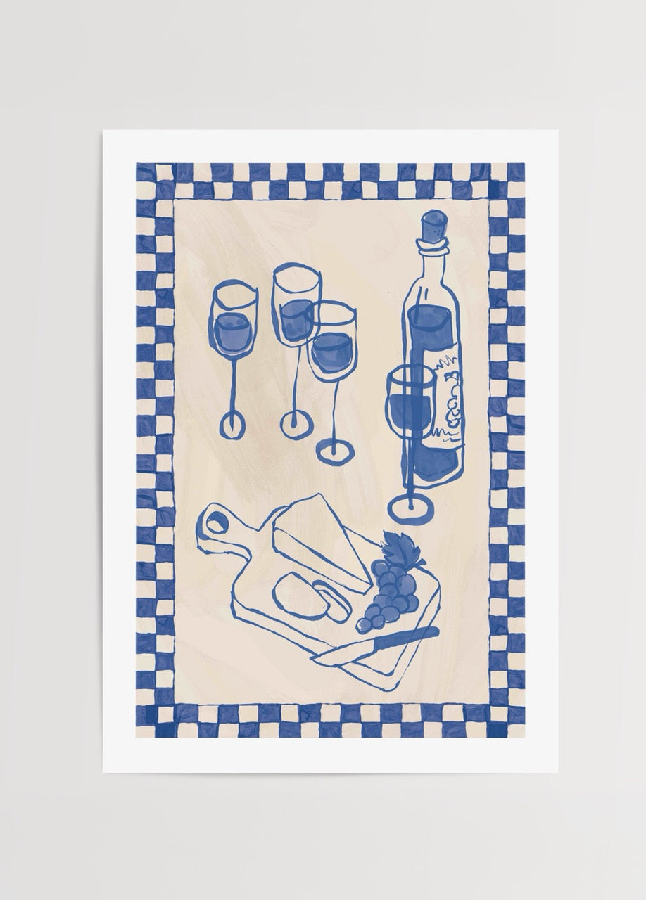 Dama desenli çerçeve içinde şarap kadehleri ve peynir tabağından oluşan modern naturemort illüstrasyon