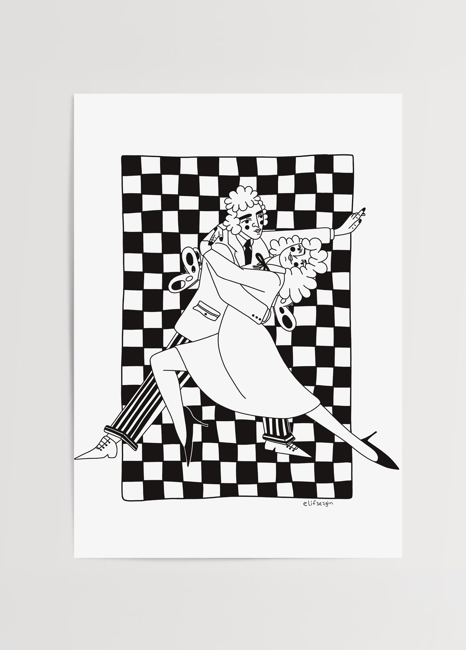 Elif Sezgin tarafından çizilen siyah-beyaz Dancing poster baskısı
