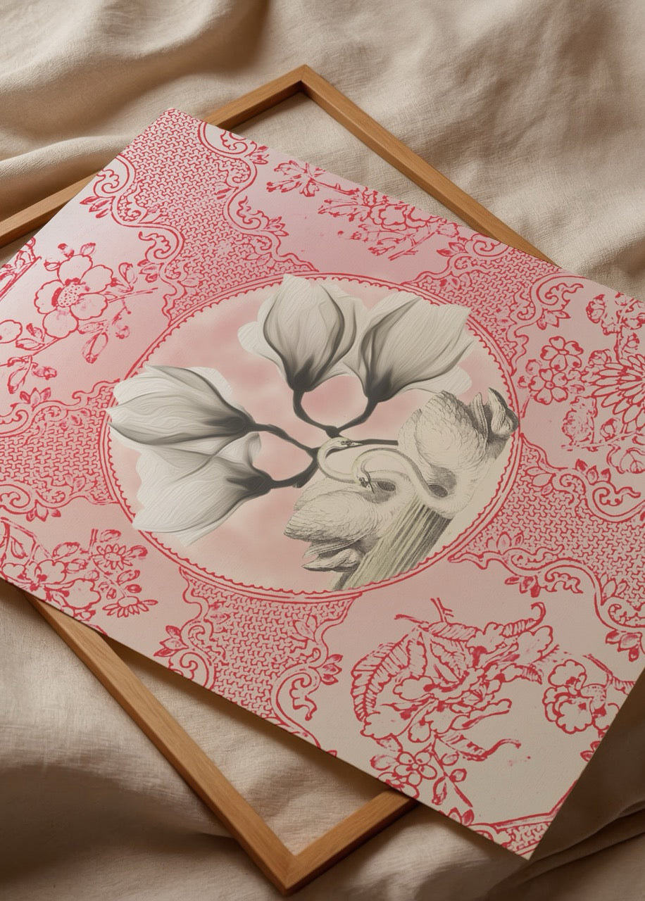 İrem Duran’ın “Dantelde Bir Kuğu” eserinde dantel desenleri içinde kuğu ve çiçeklerin zarif kompozisyonu yer alıyor.