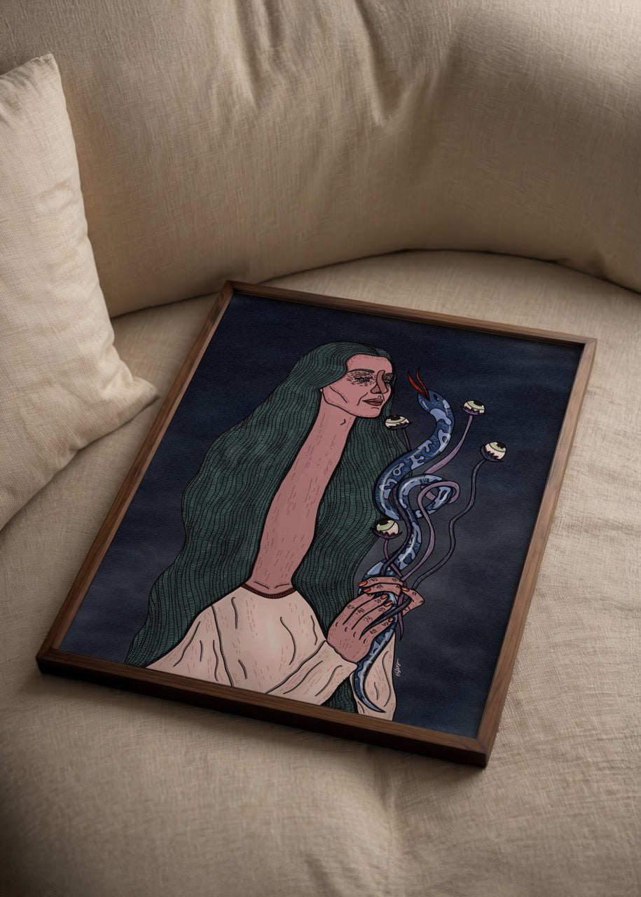 Koyu zemin önünde, uzun saçlı bir kadın figürünün elinde göz motifleri taşıyan organik bir formu tuttuğu, melankolik ve sembolik illüstrasyon.