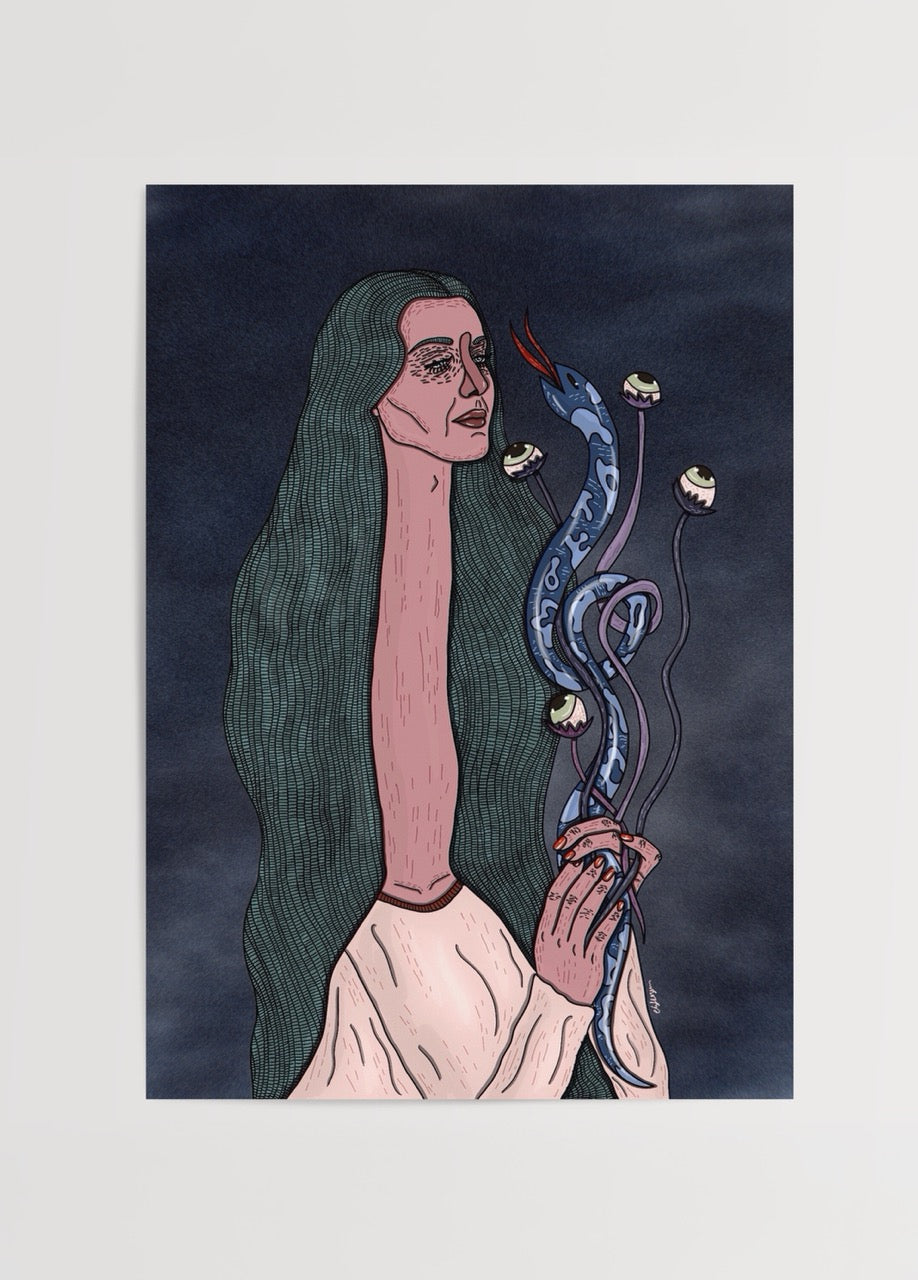 Koyu zemin önünde, uzun saçlı bir kadın figürünün elinde göz motifleri taşıyan organik bir formu tuttuğu, melankolik ve sembolik illüstrasyon.