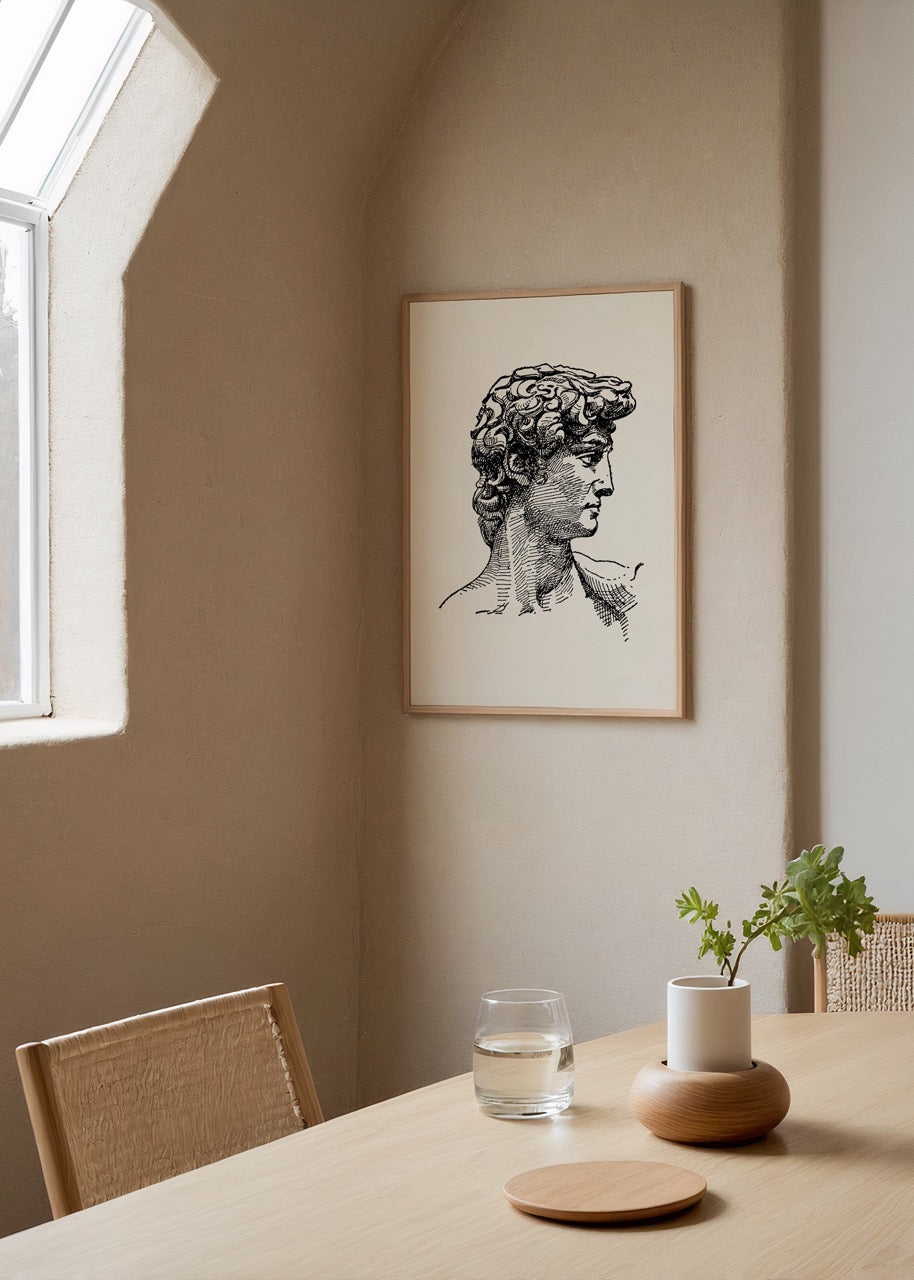 Michelangelo’nun David heykelinden esinlenilmiş siyah beyaz çizim posteri