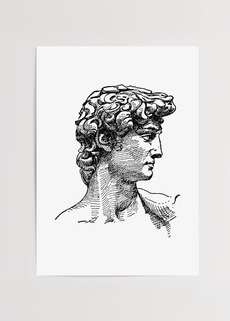 Michelangelo’nun David heykelinden esinlenilmiş siyah beyaz çizim posteri
