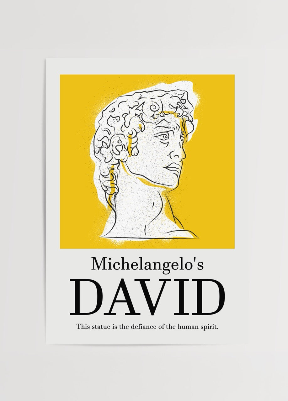 Batuhan Erdoğan’ın David posteri, Michelangelo’nun ünlü heykelinden esinlenilmiş modern çizim, sarı zemin üzerinde minimal sanat posteri.