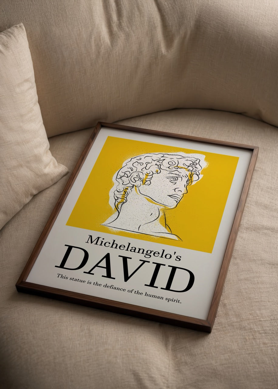 Batuhan Erdoğan’ın David posteri, Michelangelo’nun ünlü heykelinden esinlenilmiş modern çizim, sarı zemin üzerinde minimal sanat posteri.