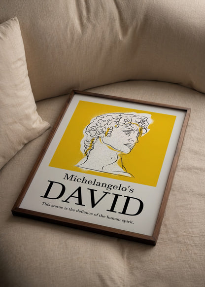Batuhan Erdoğan’ın David posteri, Michelangelo’nun ünlü heykelinden esinlenilmiş modern çizim, sarı zemin üzerinde minimal sanat posteri.