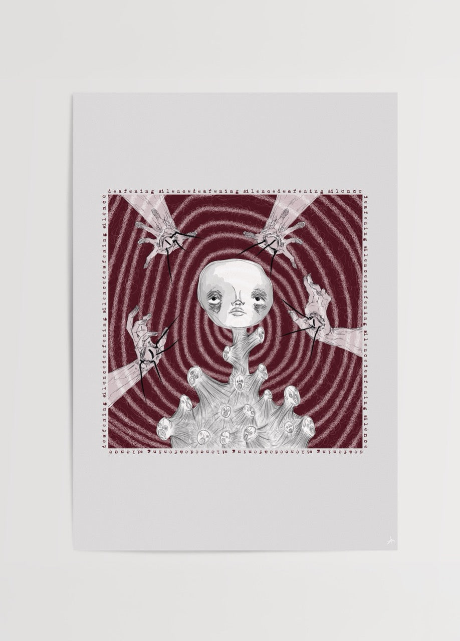 Zeynep Kul’un Deafening Silence adlı eserinden üretilmiş, figüratif ve sembolik anlatıma sahip çağdaş sanat poster baskı.