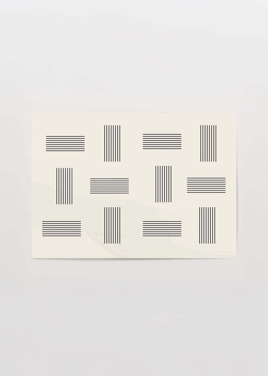 Ekru zemin üzerine siyah çizgilerden oluşan minimal ve geometrik desenli modern sanat posteri

