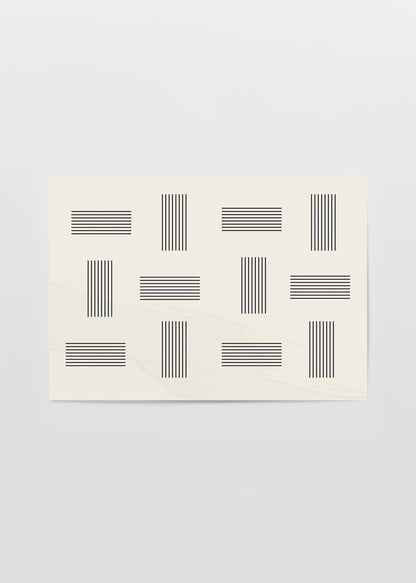 Ekru zemin üzerine siyah çizgilerden oluşan minimal ve geometrik desenli modern sanat posteri


