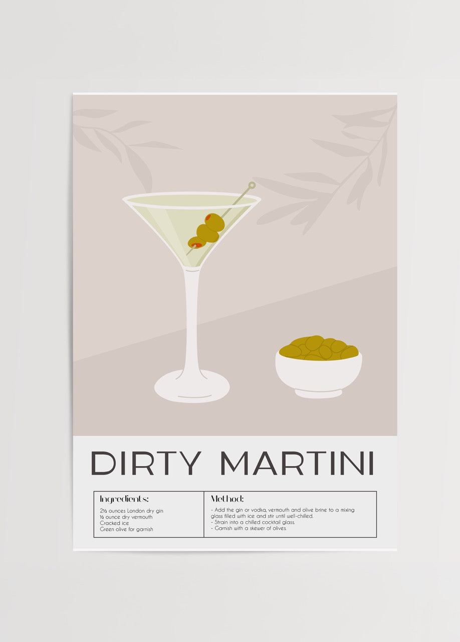 Kirli Martini kokteyli ve zeytinlerle süslenmiş bir illüstrasyon; altında tarif ve içerik bilgileri bulunan modern tarzda bir poster tasarımı.