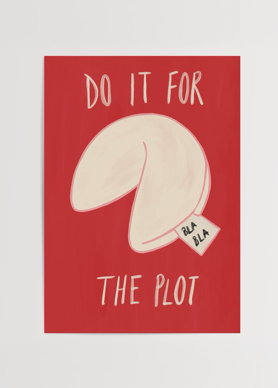 Thola Studio’nun Do It posteri, kırmızı fon üzerine şans kurabiyesi illüstrasyonu ve tipografisiyle modern ve mizahi dekoratif sanat posteri.