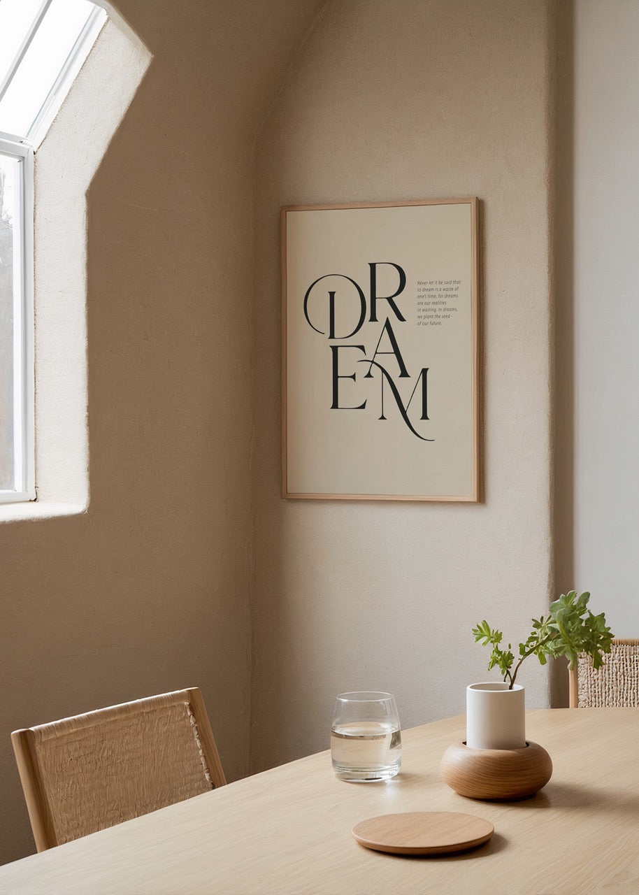 Dream yazılı modern tipografi poster – minimalist ve ilham verici duvar dekorasyonu