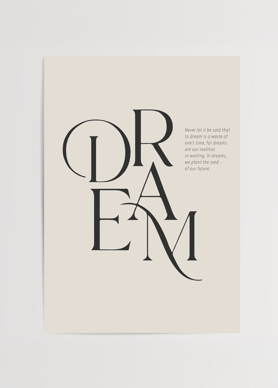 Dream yazılı modern tipografi poster – minimalist ve ilham verici duvar dekorasyonu