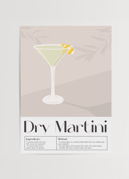 Dry Martini kokteyli tarifi içeren bej arka planlı illüstrasyon poster tasarımı