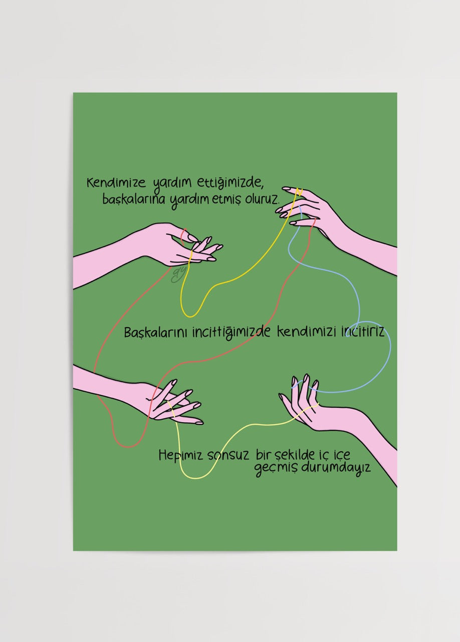 duygulariyerim’in “İç İçe Geçmişiz” posteri – yeşil fonda pembe eller ve renkli iplerle insan bağlarını anlatan illüstrasyon