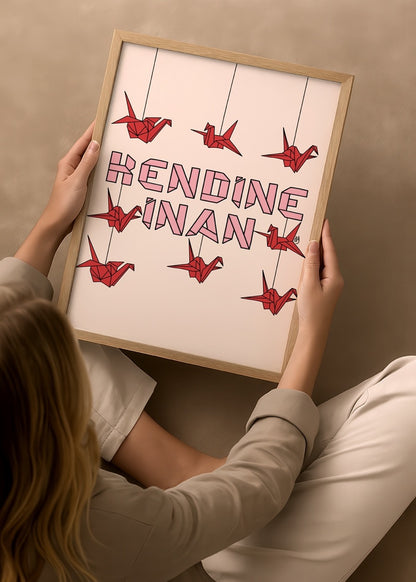 duygulariyerim’in “Kendine İnan” posteri – pembe yazı tipinde güçlü tipografi ve kırmızı origami turnalarla özgüven temalı tasarım