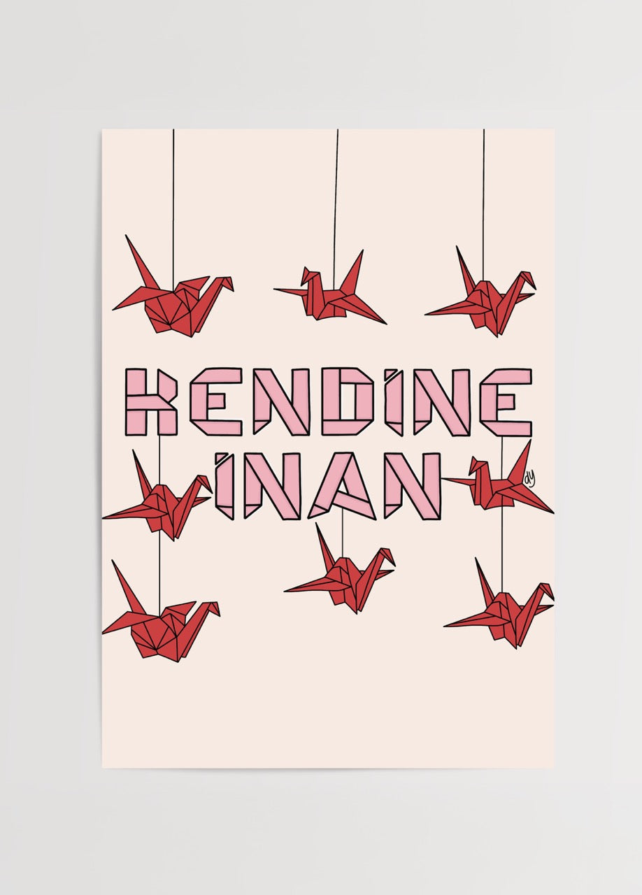 duygulariyerim’in “Kendine İnan” posteri – pembe yazı tipinde güçlü tipografi ve kırmızı origami turnalarla özgüven temalı tasarım