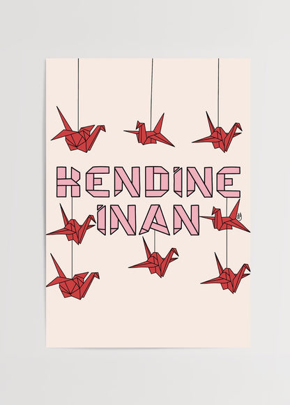 duygulariyerim’in “Kendine İnan” posteri – pembe yazı tipinde güçlü tipografi ve kırmızı origami turnalarla özgüven temalı tasarım