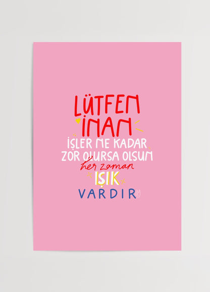 duygulariyerim’in “Lütfen İnan” adlı pembe zeminli tipografik posteri – ilham verici ve pozitif mesaj tasarımı