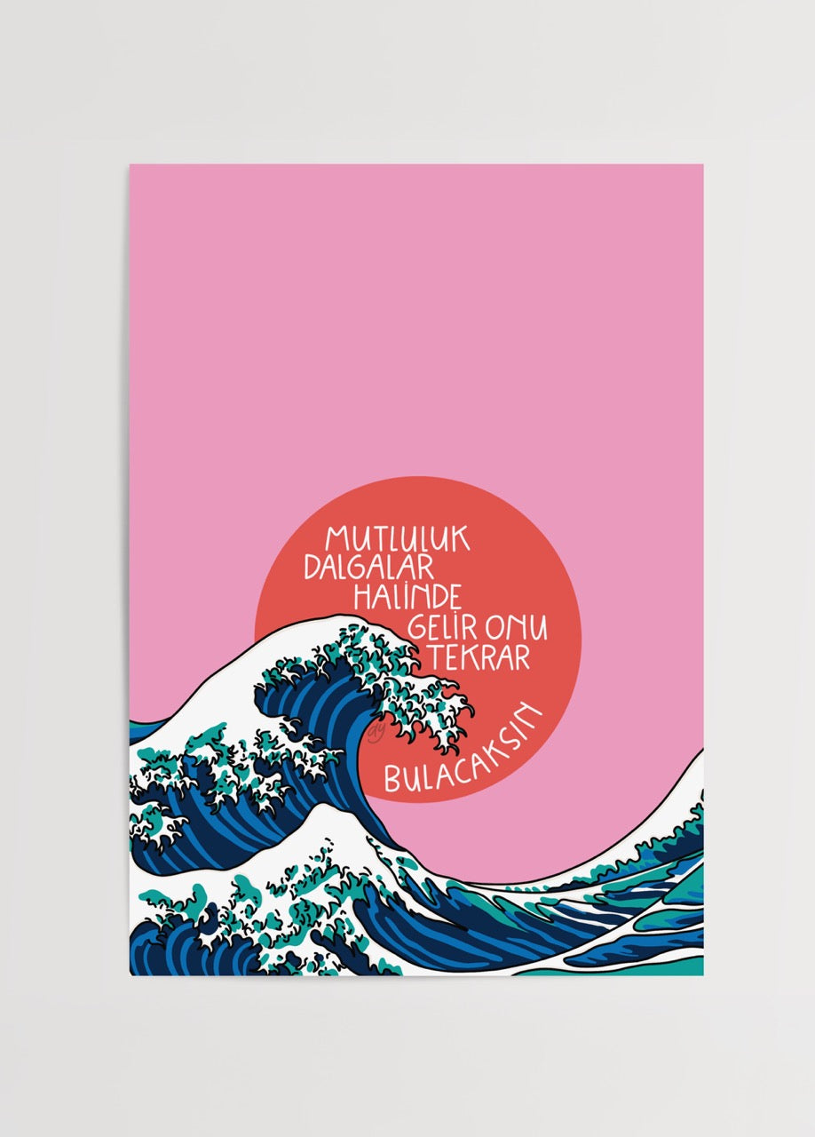 duygulariyerim’in “Mutluluk Dalgalar Halinde Gelir” posteri – pembe fonda dalga illüstrasyonu ve umut dolu tipografi tasarımı