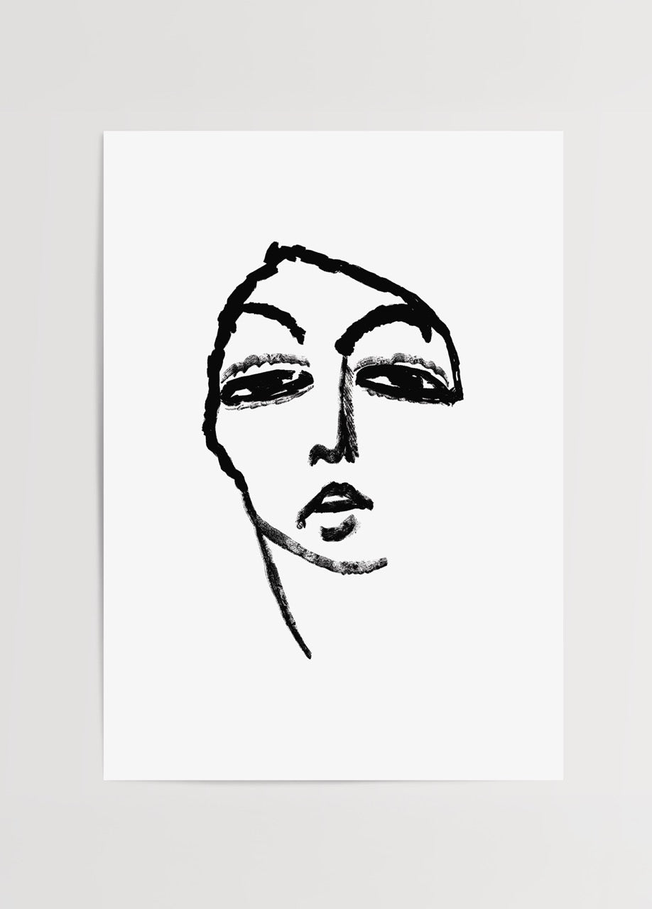 Siyah beyaz çizgisel stilize yüz illüstrasyonu içeren modern ve sade dekoratif poster

