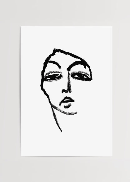 Siyah beyaz çizgisel stilize yüz illüstrasyonu içeren modern ve sade dekoratif poster

