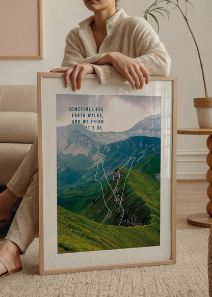 Dağ manzarası üzerinde çizgisel beden formu ile oluşturulmuş doğa temalı mix media poster