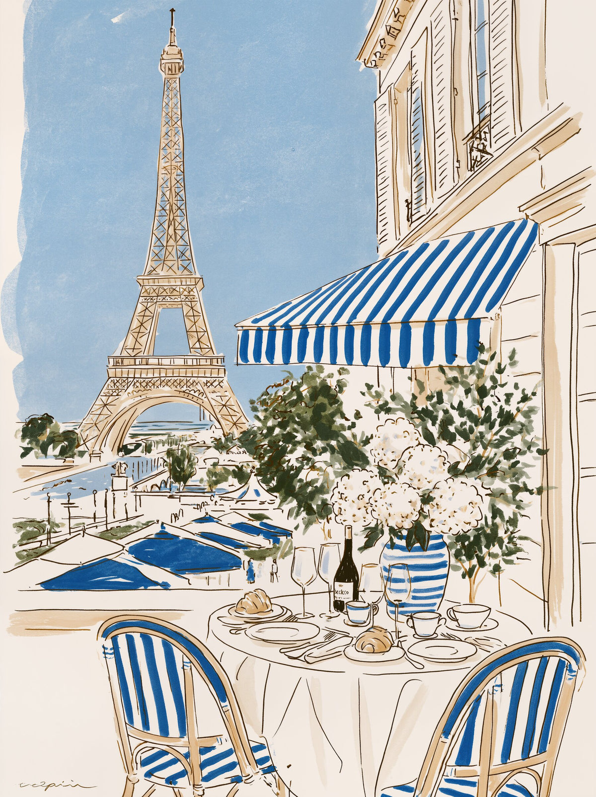 Eiffel Tower view from a Paris café with blue and beige decor. poster baskı