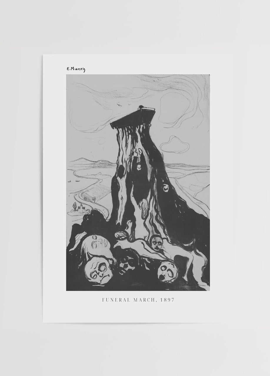 Edvard Munch’un 1897 tarihli “Funeral March” eserinden, mezara taşınan tabut ve onu izleyen maskemsi yüzlerin olduğu ekspresyonist siyah beyaz poster.