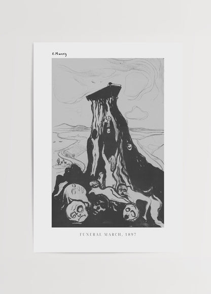 Edvard Munch’un 1897 tarihli “Funeral March” eserinden, mezara taşınan tabut ve onu izleyen maskemsi yüzlerin olduğu ekspresyonist siyah beyaz poster.