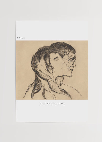 Edvard Munch’un “Head by Head” (1905) adlı çizim eserinden siyah mürekkeple çalışılmış, iki yüzün birleşimini gösteren ekspresyonist çizim posteri.