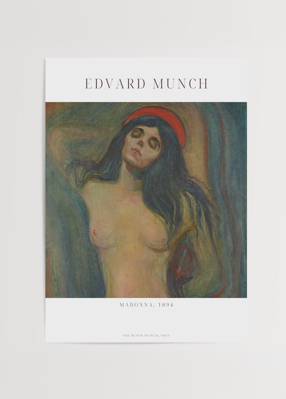Edvard Munch’un 1894 tarihli “Madonna” eserinin yer aldığı poster; gözleri kapalı, başı arkaya düşmüş, kırmızı hale benzeri başlığı olan çıplak bir kadın figürünü gösterir.