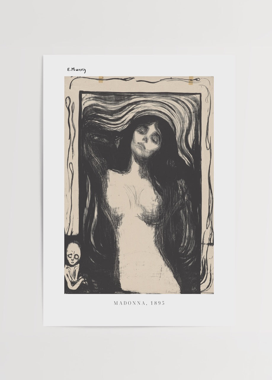Edvard Munch’un “Madonna” (1895) adlı litografi eserinin siyah-bej tonlarında duygusal ve çarpıcı bir poster reprodüksiyonu.