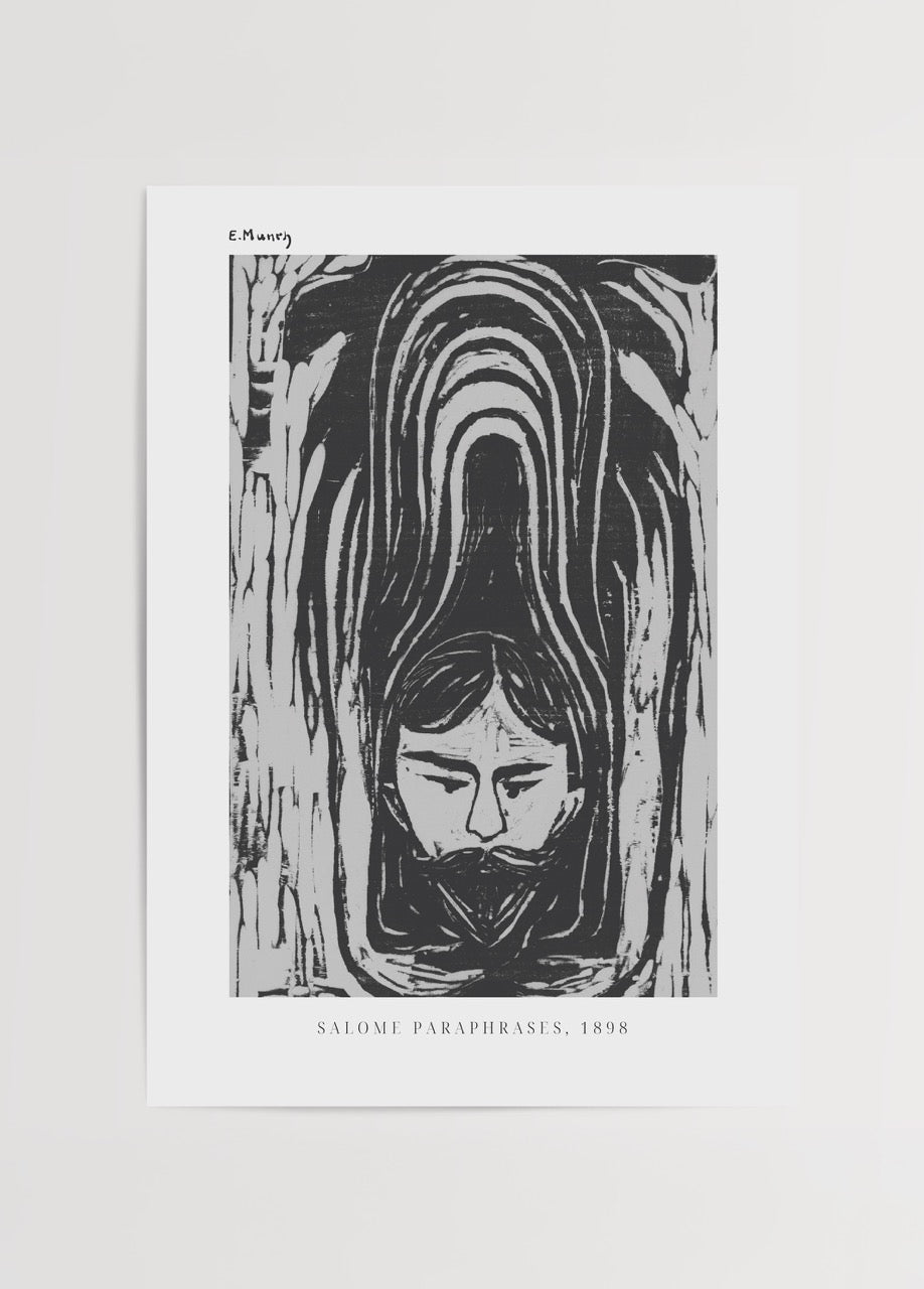 Edvard Munch’un 1898 tarihli “Salome Paraphrases” isimli siyah-beyaz gravür çalışmasını içeren poster; yukarıdan aşağı inen çizgilerle çevrili, gözleri kapalı ve başı kesik bir figürü betimler.