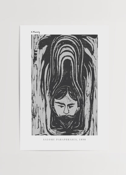 Edvard Munch’un 1898 tarihli “Salome Paraphrases” isimli siyah-beyaz gravür çalışmasını içeren poster; yukarıdan aşağı inen çizgilerle çevrili, gözleri kapalı ve başı kesik bir figürü betimler.