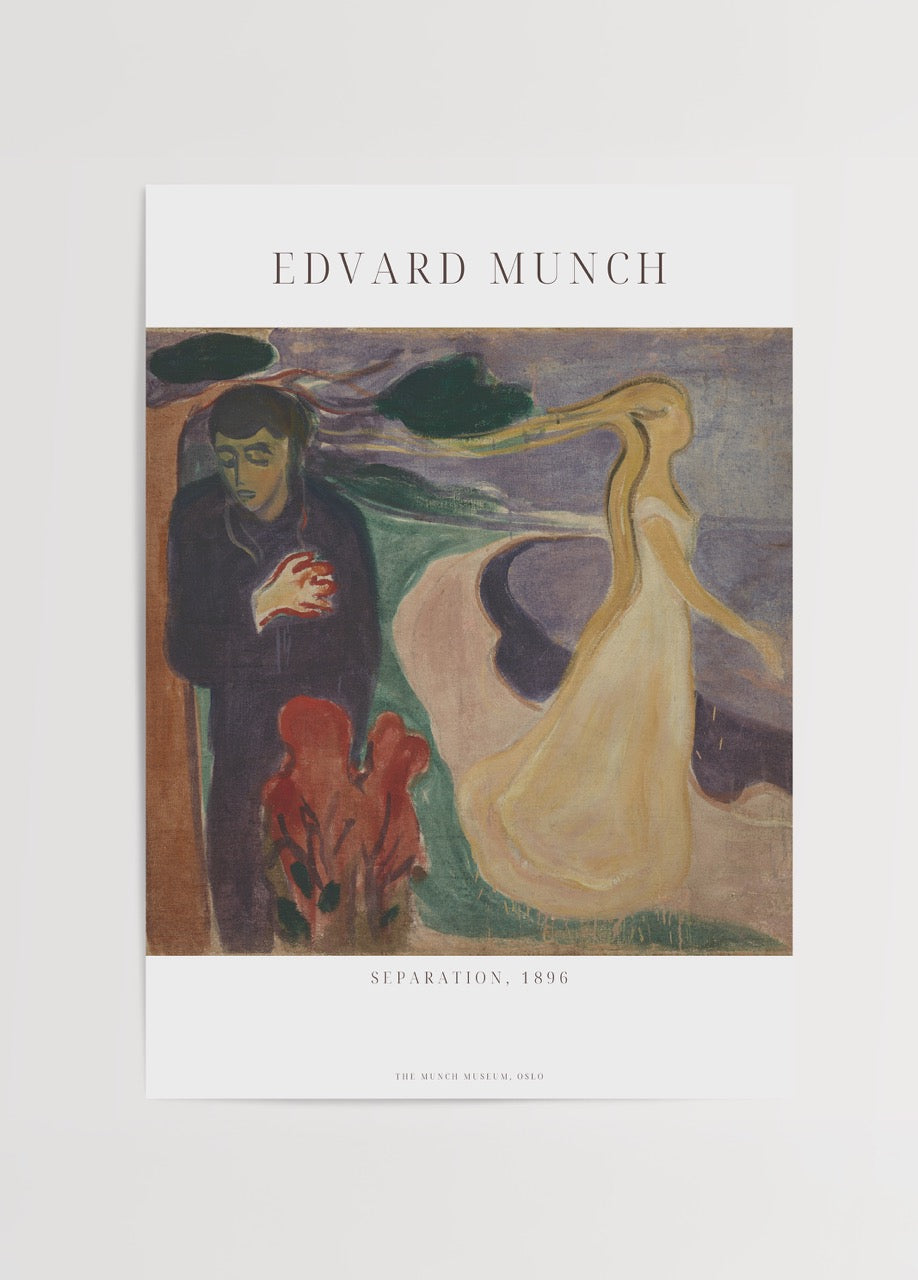 Edvard Munch’un 1896 tarihli “Separation” tablosunu içeren poster; hüzünlü bir adam ve uzaklaşan kadın figürüyle duygusal bir ayrılığı betimleyen ekspresyonist eser.