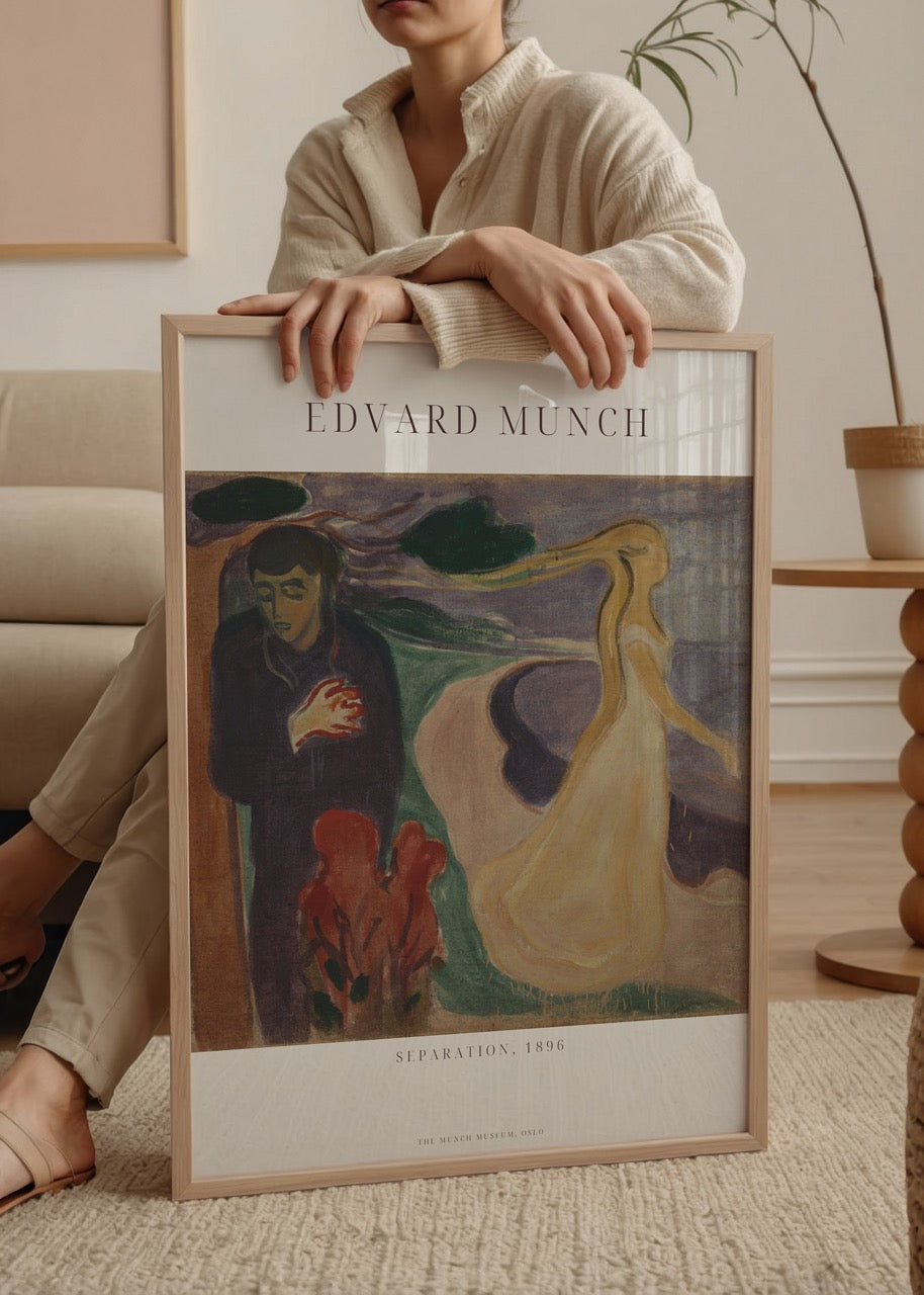 Edvard Munch’un 1896 tarihli “Separation” tablosunu içeren poster; hüzünlü bir adam ve uzaklaşan kadın figürüyle duygusal bir ayrılığı betimleyen ekspresyonist eser.